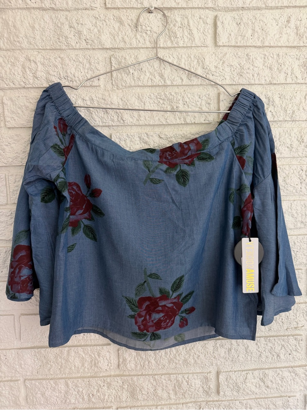 Amuse Society Denim Blue Off-Shoulder Rose Print Top